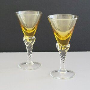Vintage Amber Cordial Sherry Glasses, Set of 2, Clear Twisted Steam, Art Deco